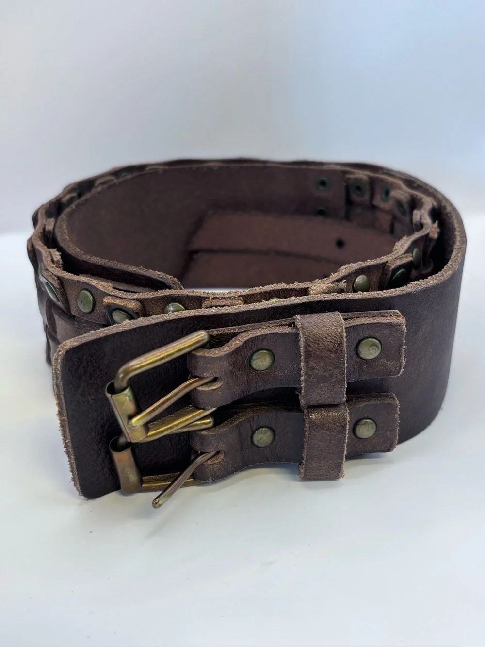 Leather Double-Buckle Waist Belt - Brown
